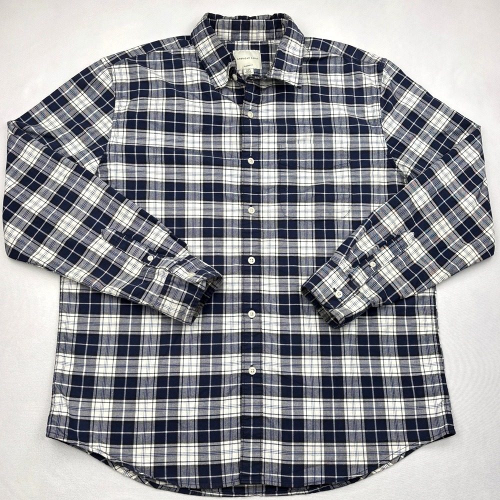 American Eagle Shirt Mens Large Classic Fit Plaid Flannel Navy White Button Down